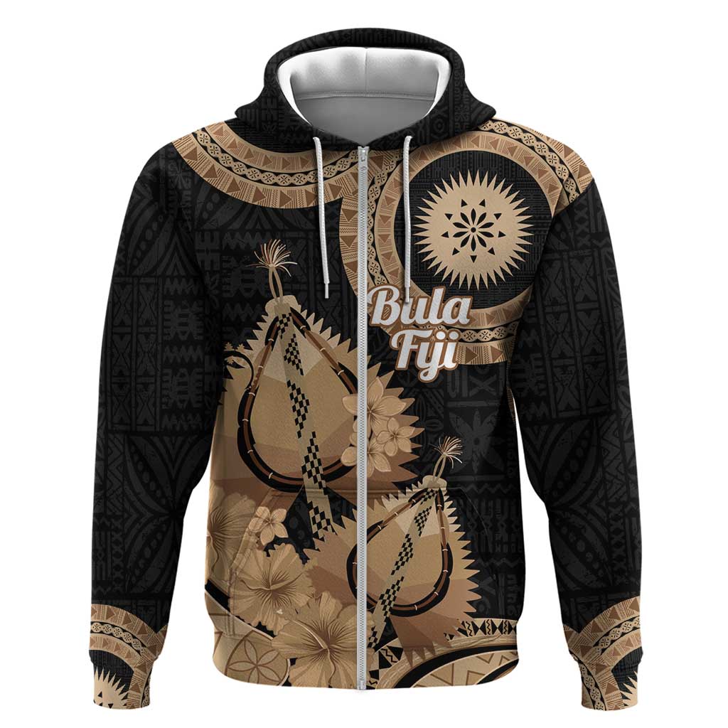 Black Bula Fiji Hoodie Fijian Dance Fan Tapa Cloth Pattern LT14 Zip Hoodie Black - Polynesian Pride