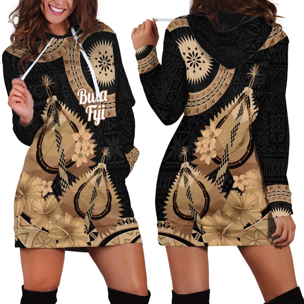 Black Bula Fiji Hoodie Dress Fijian Dance Fan Tapa Cloth Pattern