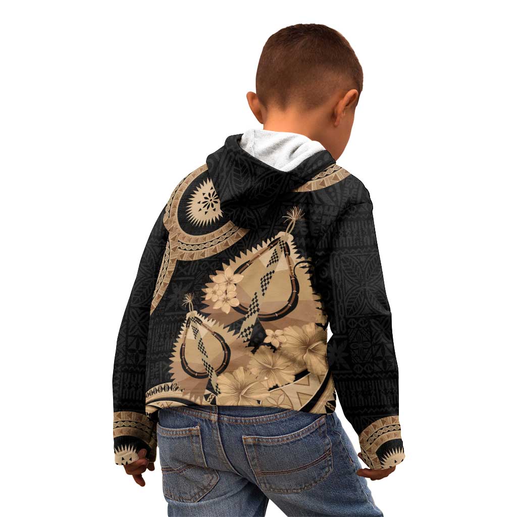 Black Bula Fiji Kid Hoodie Fijian Dance Fan Tapa Cloth Pattern