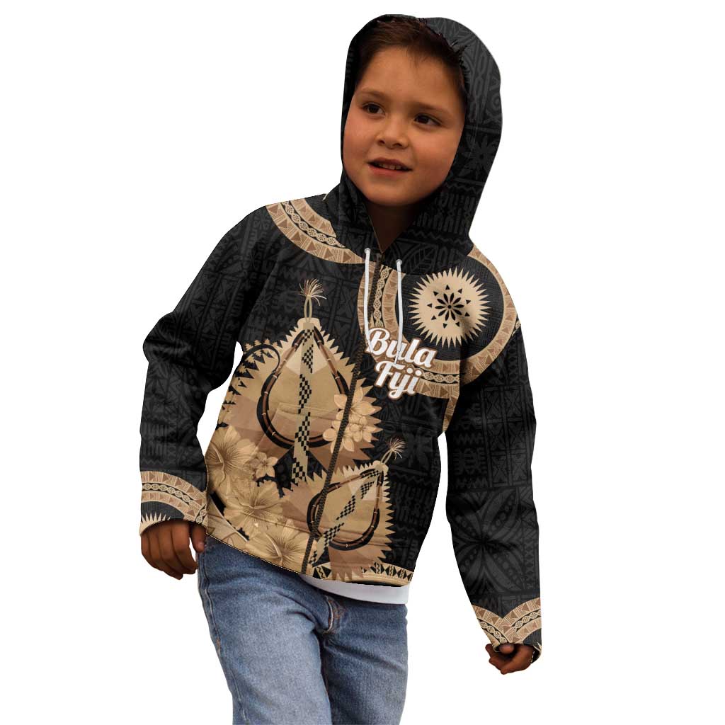 Black Bula Fiji Kid Hoodie Fijian Dance Fan Tapa Cloth Pattern