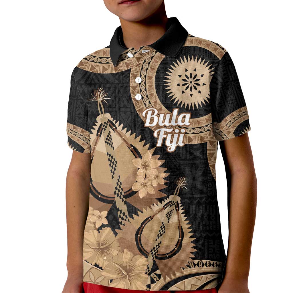 Black Bula Fiji Kid Polo Shirt Fijian Dance Fan Tapa Cloth Pattern