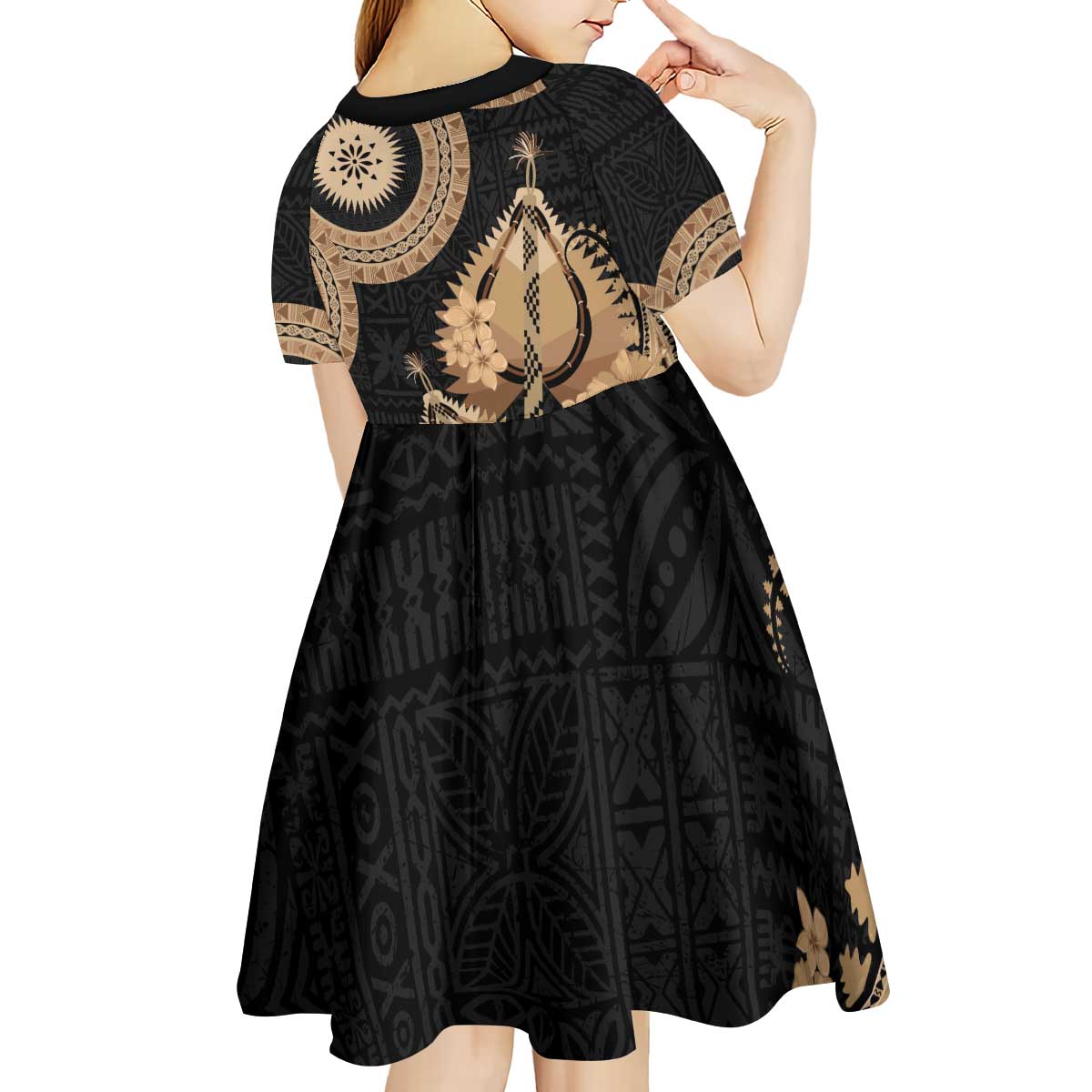 Black Bula Fiji Kid Short Sleeve Dress Fijian Dance Fan Tapa Cloth Pattern LT14 - Polynesian Pride