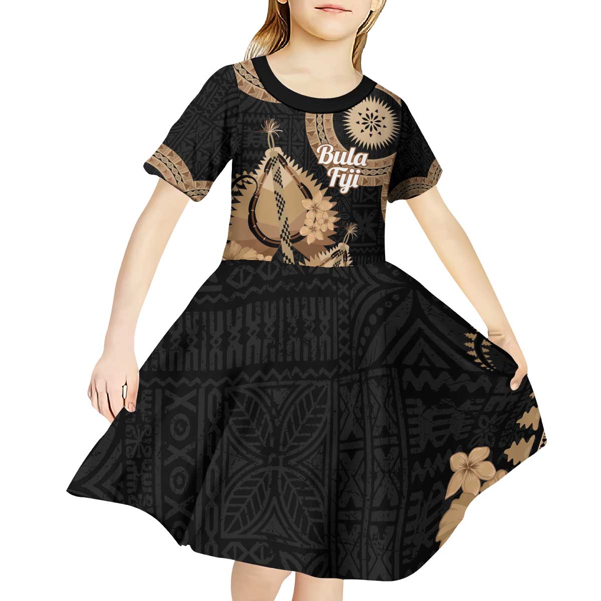 Black Bula Fiji Kid Short Sleeve Dress Fijian Dance Fan Tapa Cloth Pattern LT14 - Polynesian Pride