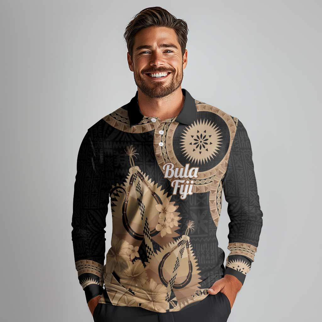 Black Bula Fiji Long Sleeve Polo Shirt Fijian Dance Fan Tapa Cloth Pattern