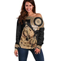 Black Bula Fiji Off Shoulder Sweater Fijian Dance Fan Tapa Cloth Pattern