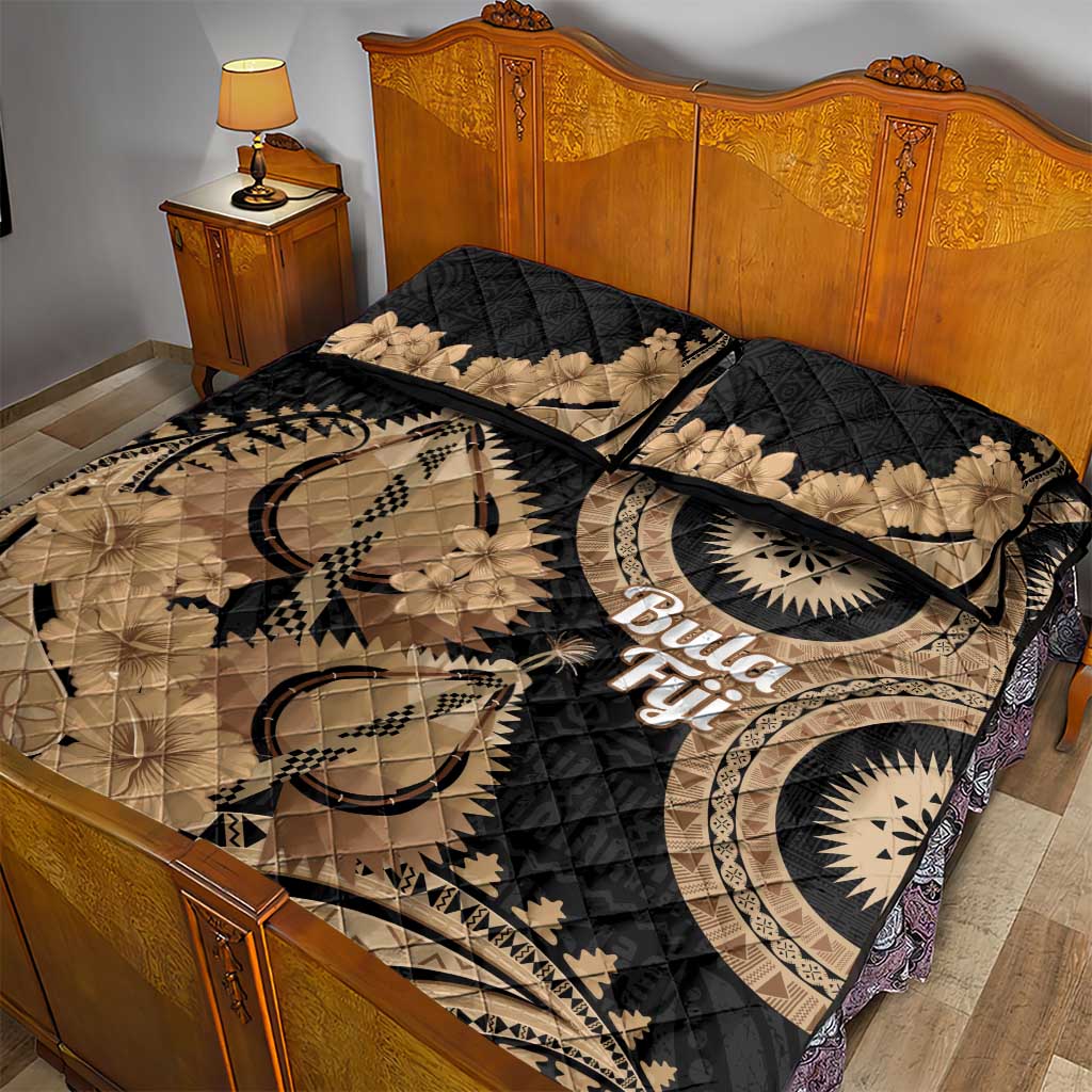 Black Bula Fiji Quilt Bed Set Fijian Dance Fan Tapa Cloth Pattern