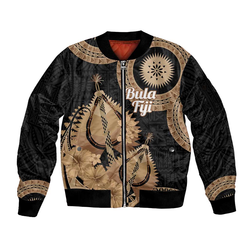 Black Bula Fiji Sleeve Zip Bomber Jacket Fijian Dance Fan Tapa Cloth Pattern