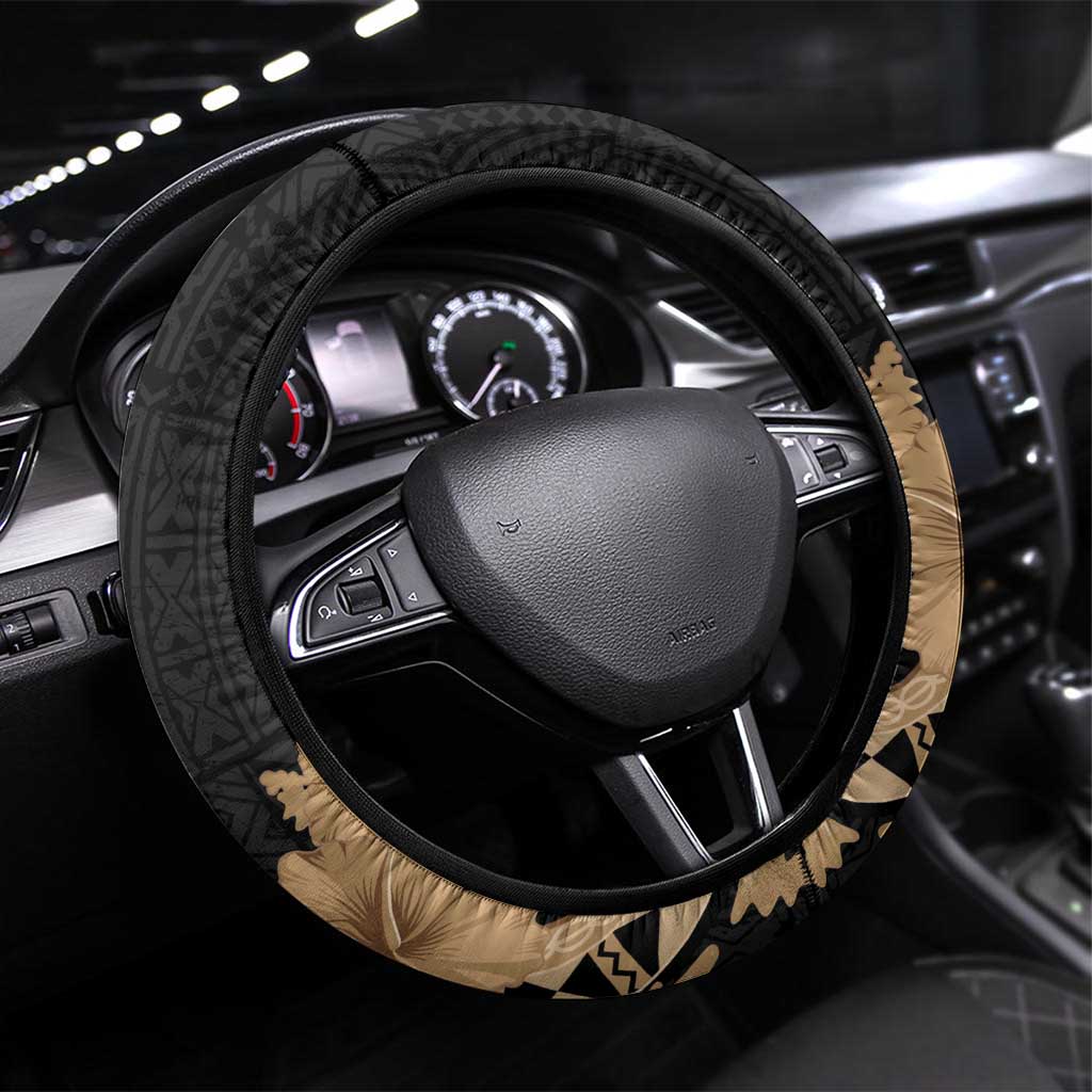 Black Bula Fiji Steering Wheel Cover Fijian Dance Fan Tapa Cloth Pattern LT14 Universal Fit Black - Polynesian Pride