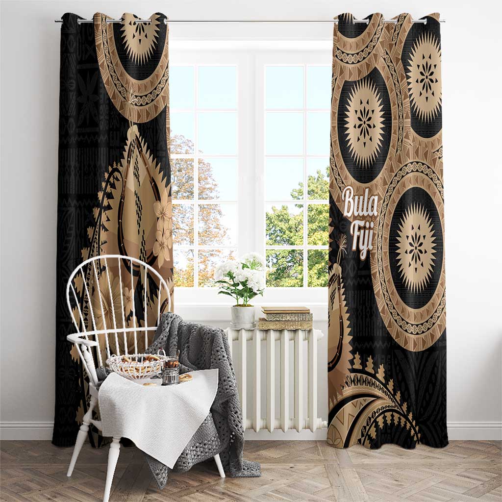 Black Bula Fiji Window Curtain Fijian Dance Fan Tapa Cloth Pattern