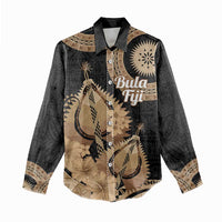 Black Bula Fiji Women Casual Shirt Fijian Dance Fan Tapa Cloth Pattern