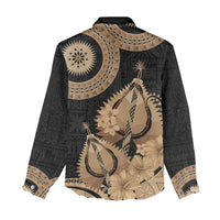 Black Bula Fiji Women Casual Shirt Fijian Dance Fan Tapa Cloth Pattern