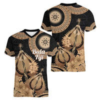 Black Bula Fiji Women V-Neck T-Shirt Fijian Dance Fan Tapa Cloth Pattern