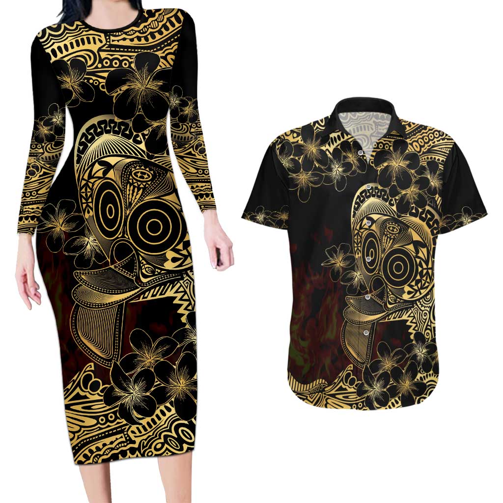 Frangipani Festival Rabaul Couples Matching Long Sleeve Bodycon Dress and Hawaiian Shirt PNG Tribal Baining Mask Tattoo - Polynesian Pride