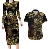 Frangipani Festival Rabaul Couples Matching Long Sleeve Bodycon Dress and Hawaiian Shirt PNG Tribal Baining Mask Tattoo LT14 Black - Polynesian Pride