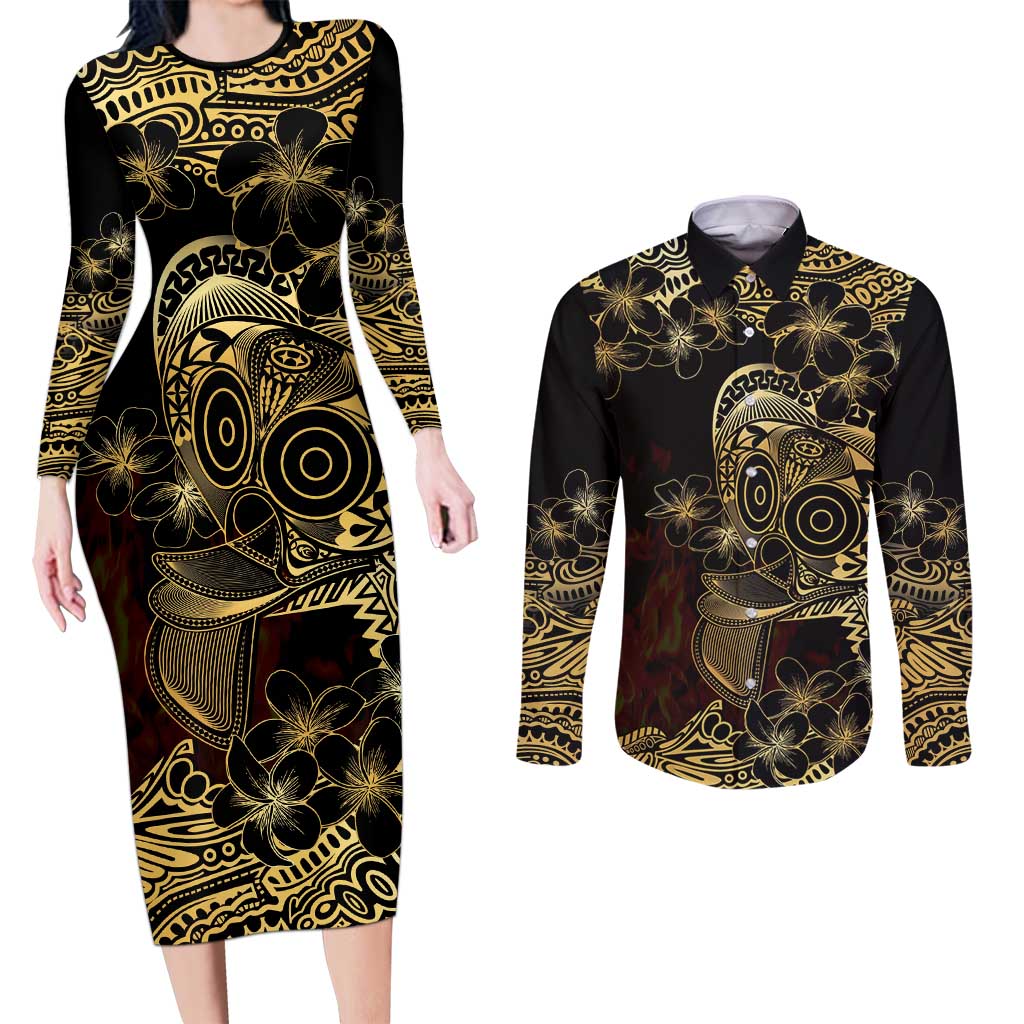 Frangipani Festival Rabaul Couples Matching Long Sleeve Bodycon Dress and Long Sleeve Button Shirt PNG Tribal Baining Mask Tattoo LT14 Black - Polynesian Pride