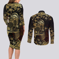 Frangipani Festival Rabaul Couples Matching Long Sleeve Bodycon Dress and Long Sleeve Button Shirt PNG Tribal Baining Mask Tattoo LT14 - Polynesian Pride