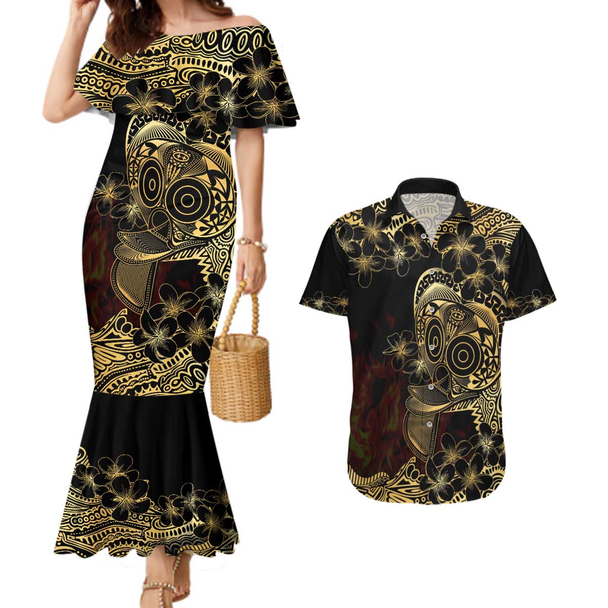 Frangipani Festival Rabaul Couples Matching Mermaid Dress and Hawaiian Shirt PNG Tribal Baining Mask Tattoo LT14 Black - Polynesian Pride
