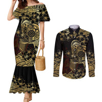 Frangipani Festival Rabaul Couples Matching Mermaid Dress and Long Sleeve Button Shirt PNG Tribal Baining Mask Tattoo LT14 Black - Polynesian Pride