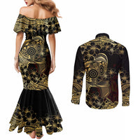 Frangipani Festival Rabaul Couples Matching Mermaid Dress and Long Sleeve Button Shirt PNG Tribal Baining Mask Tattoo LT14 - Polynesian Pride