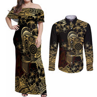 Frangipani Festival Rabaul Couples Matching Off Shoulder Maxi Dress and Long Sleeve Button Shirt PNG Tribal Baining Mask Tattoo LT14 Black - Polynesian Pride