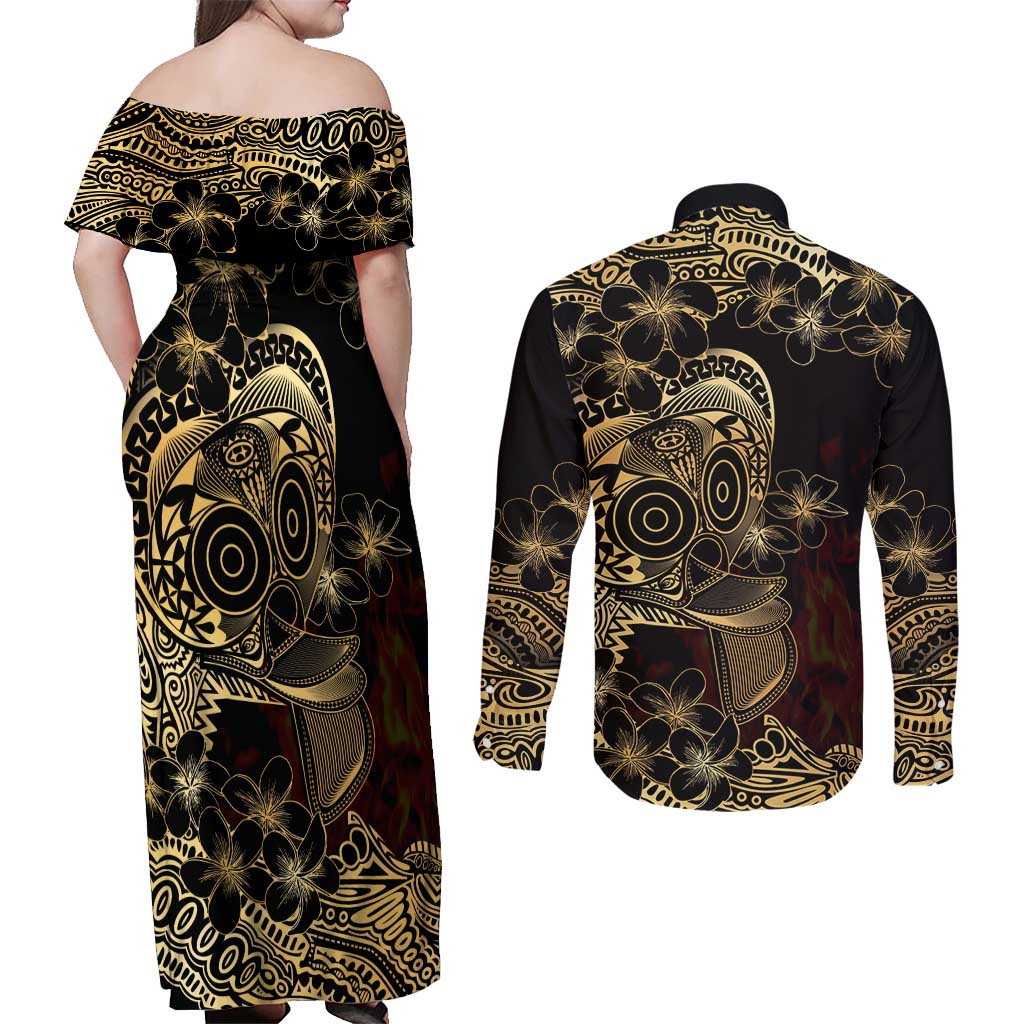 Frangipani Festival Rabaul Couples Matching Off Shoulder Maxi Dress and Long Sleeve Button Shirt PNG Tribal Baining Mask Tattoo LT14 - Polynesian Pride