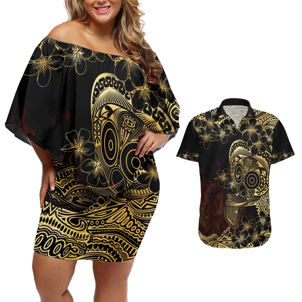 Frangipani Festival Rabaul Couples Matching Off Shoulder Short Dress and Hawaiian Shirt PNG Tribal Baining Mask Tattoo LT14 Black - Polynesian Pride