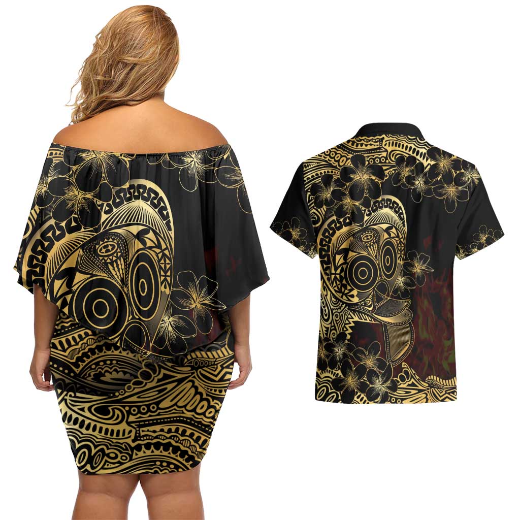 Frangipani Festival Rabaul Couples Matching Off Shoulder Short Dress and Hawaiian Shirt PNG Tribal Baining Mask Tattoo LT14 - Polynesian Pride