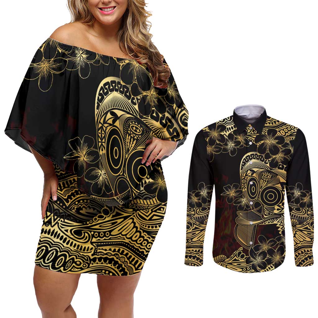 Frangipani Festival Rabaul Couples Matching Off Shoulder Short Dress and Long Sleeve Button Shirt PNG Tribal Baining Mask Tattoo LT14 Black - Polynesian Pride