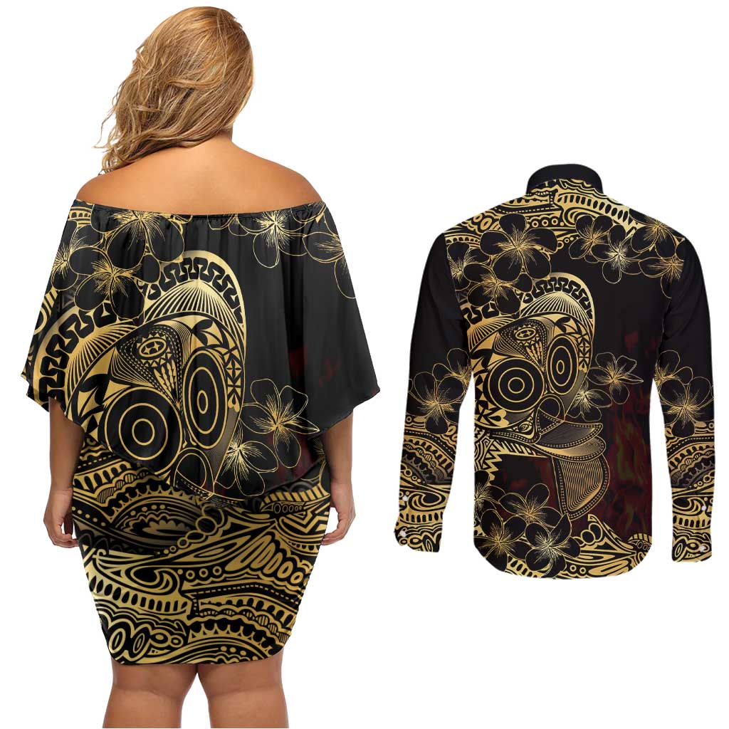 Frangipani Festival Rabaul Couples Matching Off Shoulder Short Dress and Long Sleeve Button Shirt PNG Tribal Baining Mask Tattoo LT14 - Polynesian Pride
