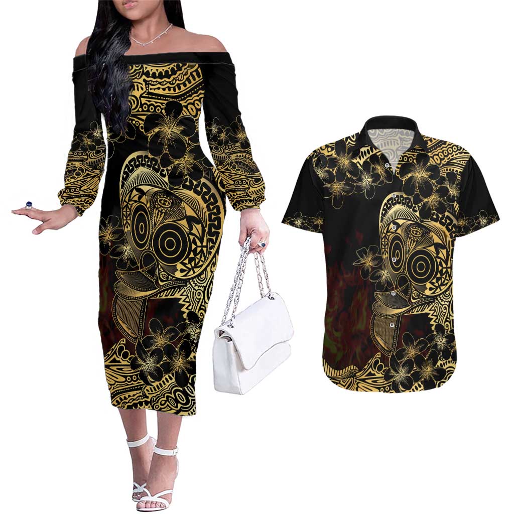 Frangipani Festival Rabaul Couples Matching Off The Shoulder Long Sleeve Dress and Hawaiian Shirt PNG Tribal Baining Mask Tattoo - Polynesian Pride