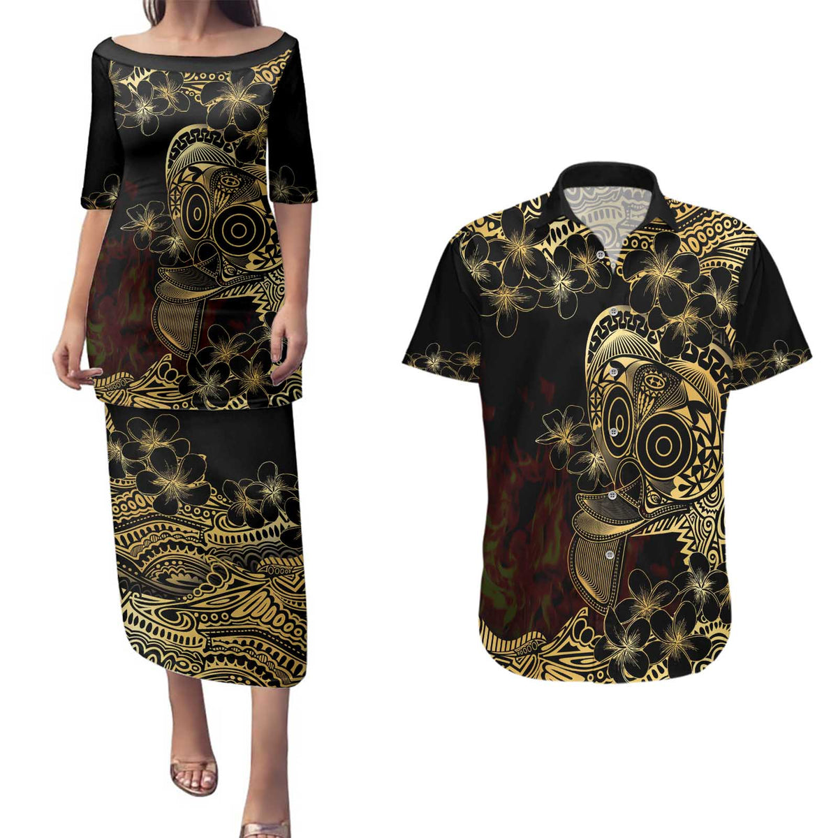 Frangipani Festival Rabaul Couples Matching Puletasi and Hawaiian Shirt PNG Tribal Baining Mask Tattoo LT14 Black - Polynesian Pride