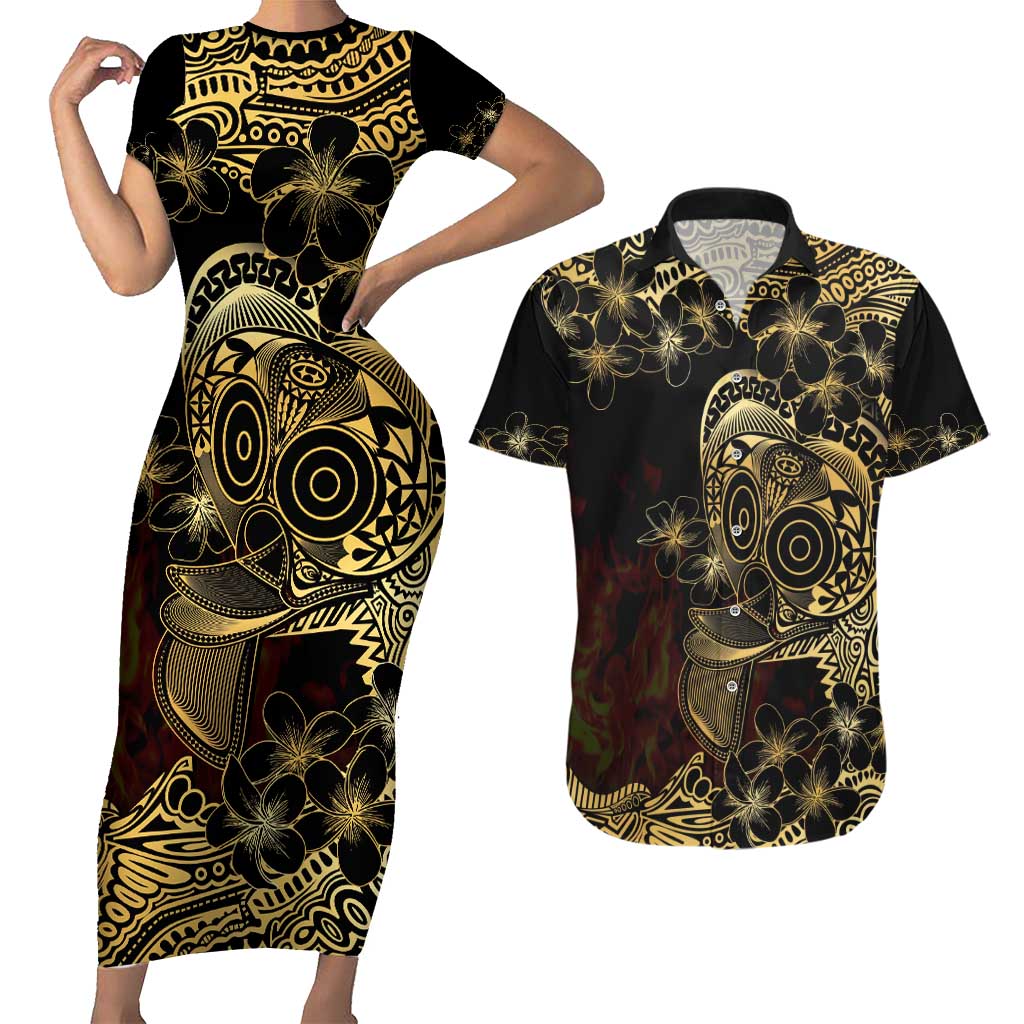 Frangipani Festival Rabaul Couples Matching Short Sleeve Bodycon Dress and Hawaiian Shirt PNG Tribal Baining Mask Tattoo LT14 Black - Polynesian Pride