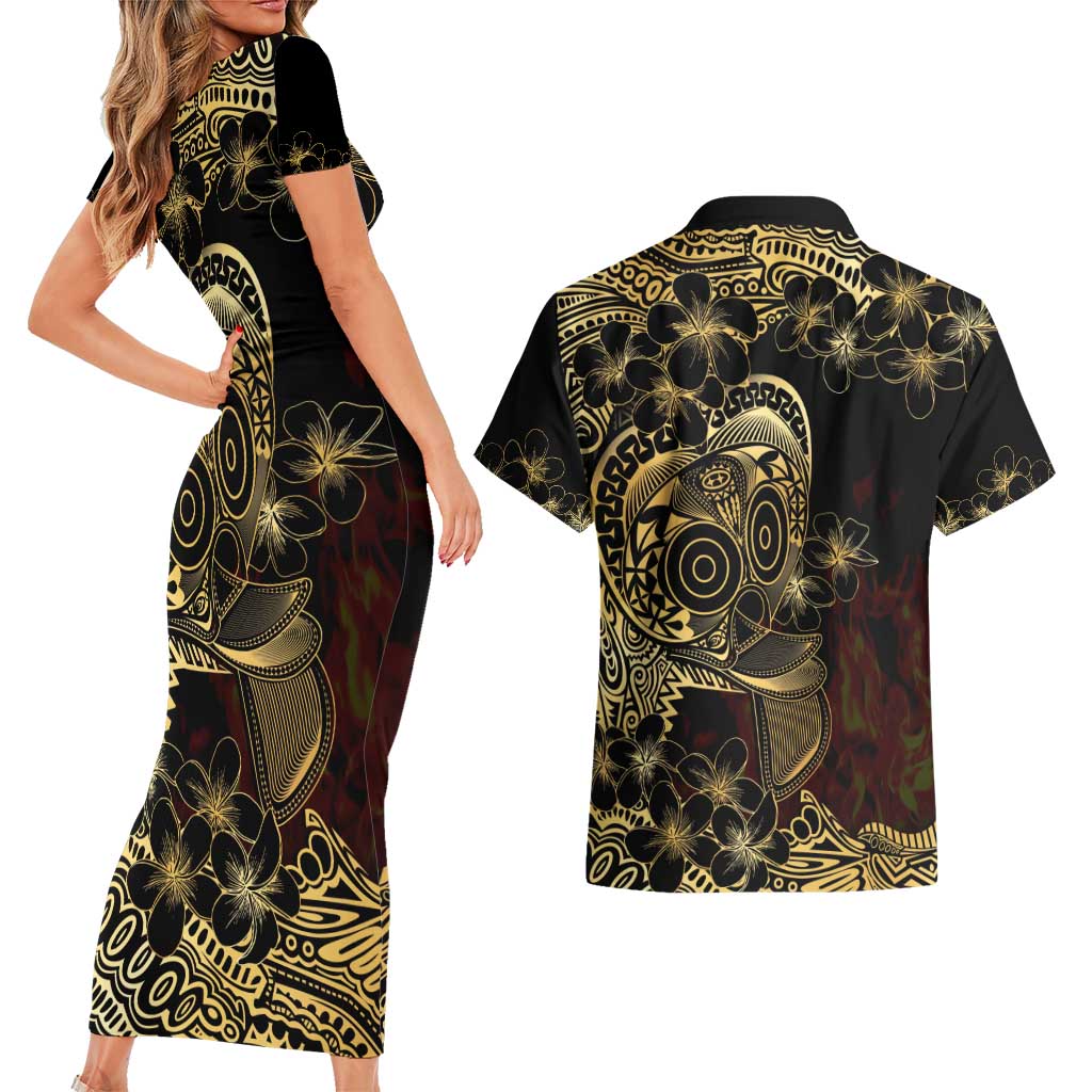 Frangipani Festival Rabaul Couples Matching Short Sleeve Bodycon Dress and Hawaiian Shirt PNG Tribal Baining Mask Tattoo LT14 - Polynesian Pride