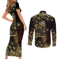 Frangipani Festival Rabaul Couples Matching Short Sleeve Bodycon Dress and Long Sleeve Button Shirt PNG Tribal Baining Mask Tattoo LT14 - Polynesian Pride
