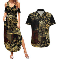Frangipani Festival Rabaul Couples Matching Summer Maxi Dress and Hawaiian Shirt PNG Tribal Baining Mask Tattoo LT14 Black - Polynesian Pride