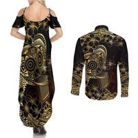 Frangipani Festival Rabaul Couples Matching Summer Maxi Dress and Long Sleeve Button Shirt PNG Tribal Baining Mask Tattoo LT14 - Polynesian Pride