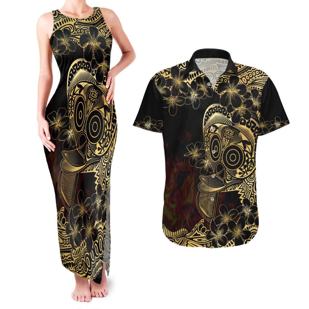 Frangipani Festival Rabaul Couples Matching Tank Maxi Dress and Hawaiian Shirt PNG Tribal Baining Mask Tattoo - Polynesian Pride