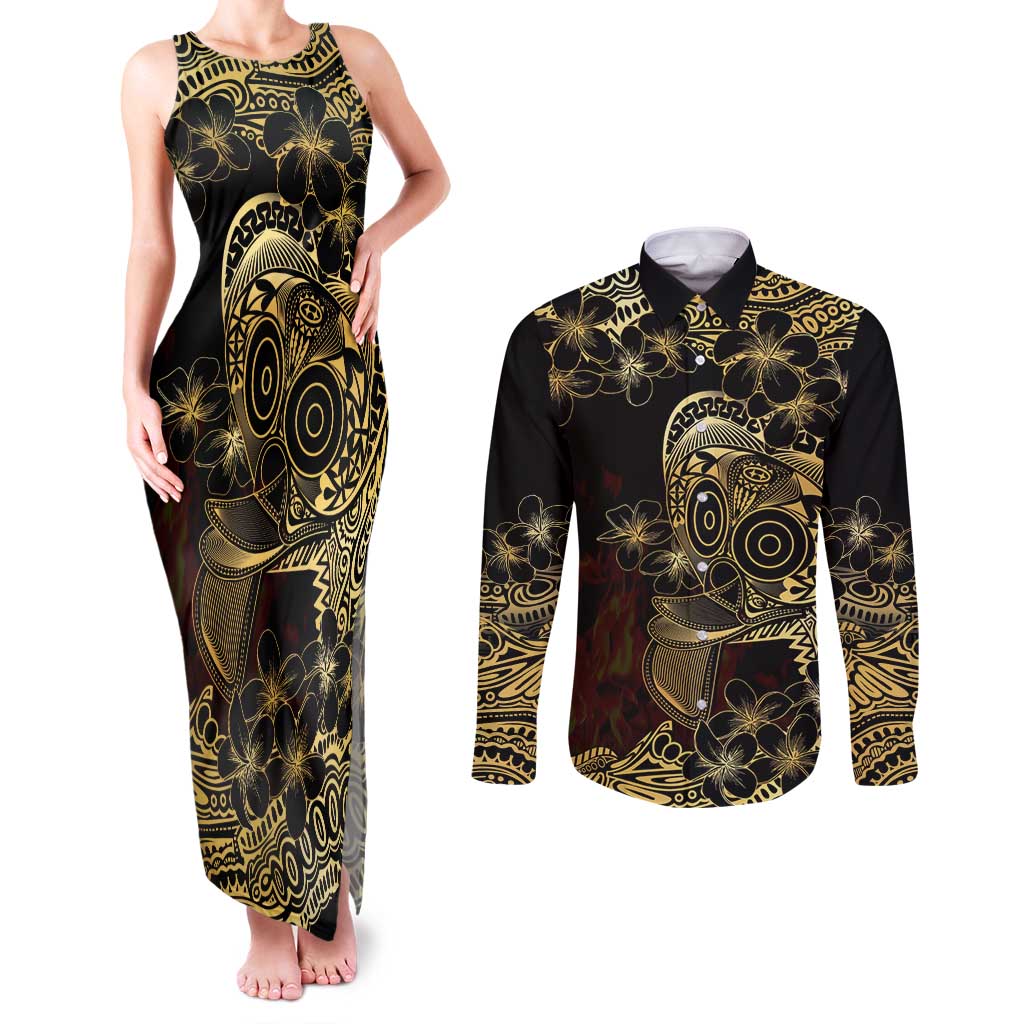 Frangipani Festival Rabaul Couples Matching Tank Maxi Dress and Long Sleeve Button Shirt PNG Tribal Baining Mask Tattoo LT14 Black - Polynesian Pride