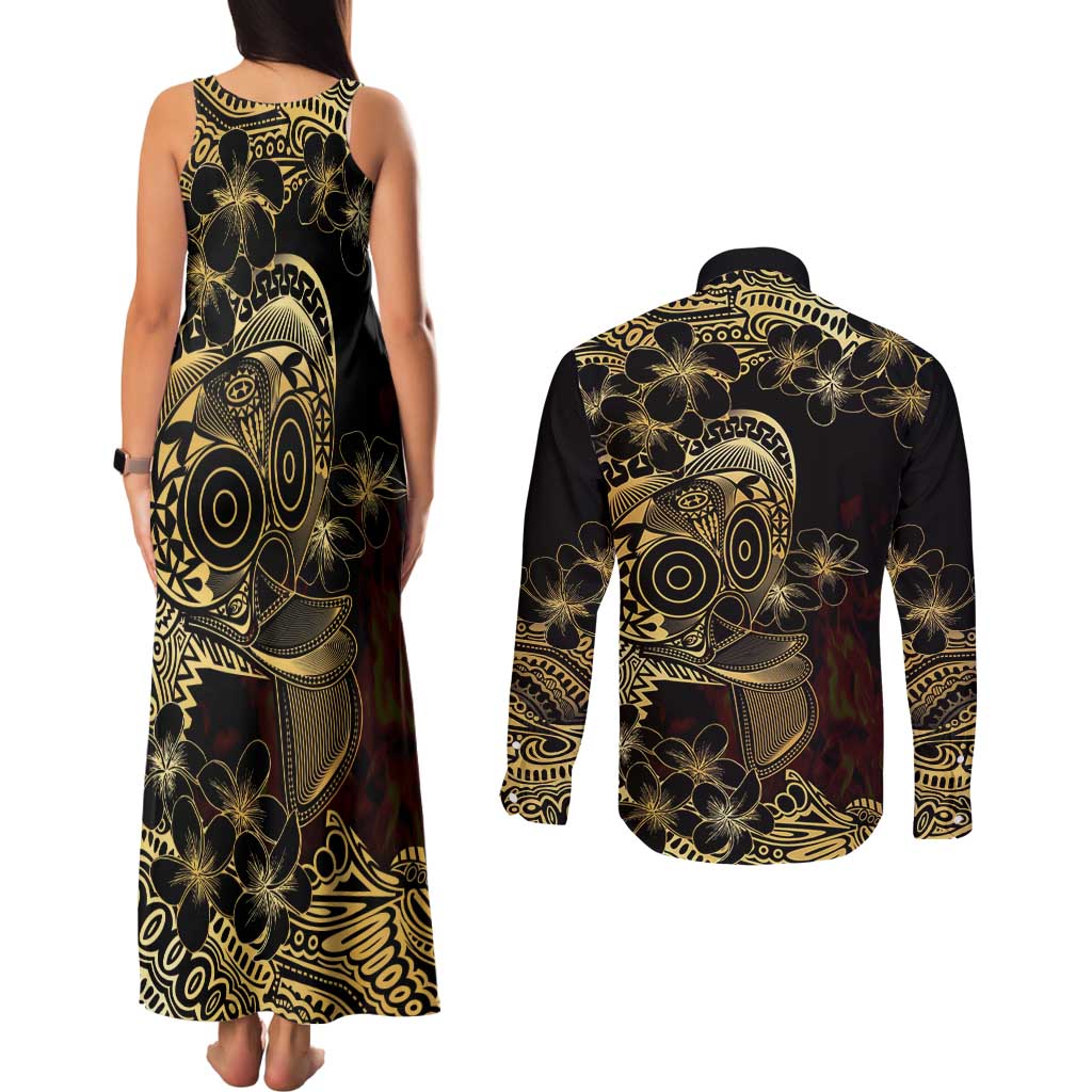 Frangipani Festival Rabaul Couples Matching Tank Maxi Dress and Long Sleeve Button Shirt PNG Tribal Baining Mask Tattoo LT14 - Polynesian Pride