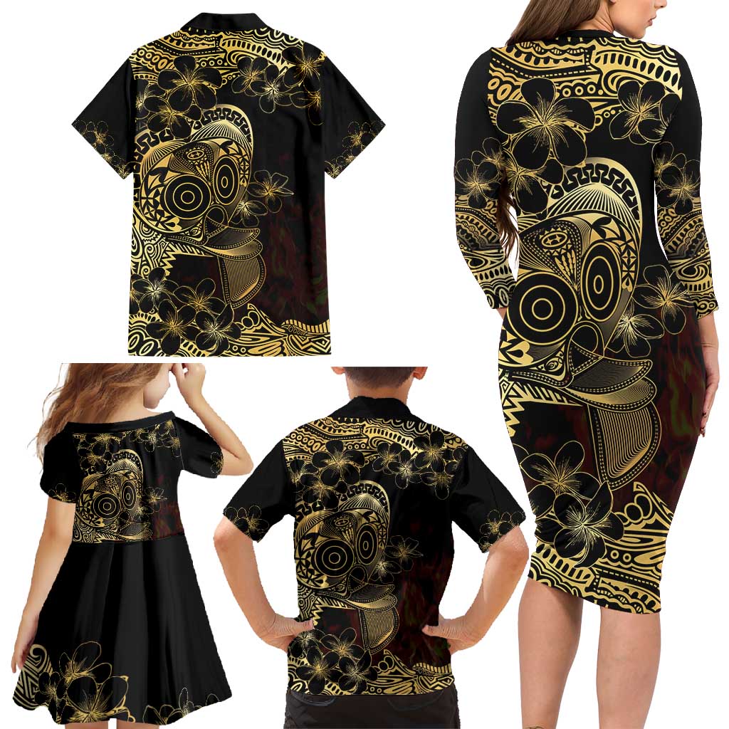Frangipani Festival Rabaul Family Matching Long Sleeve Bodycon Dress and Hawaiian Shirt PNG Tribal Baining Mask Tattoo LT14 - Polynesian Pride