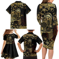 Frangipani Festival Rabaul Family Matching Long Sleeve Bodycon Dress and Hawaiian Shirt PNG Tribal Baining Mask Tattoo LT14 - Polynesian Pride