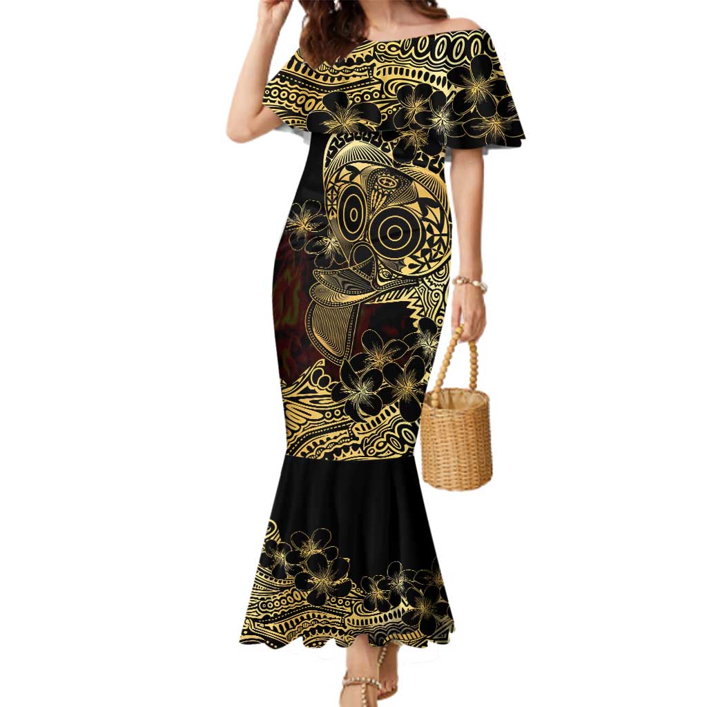 Frangipani Festival Rabaul Family Matching Mermaid Dress and Hawaiian Shirt PNG Tribal Baining Mask Tattoo LT14 Mom's Dress Black - Polynesian Pride