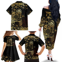 Frangipani Festival Rabaul Family Matching Off The Shoulder Long Sleeve Dress and Hawaiian Shirt PNG Tribal Baining Mask Tattoo LT14 - Polynesian Pride