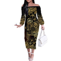 Frangipani Festival Rabaul Family Matching Off The Shoulder Long Sleeve Dress and Hawaiian Shirt PNG Tribal Baining Mask Tattoo LT14 Mom's Dress Black - Polynesian Pride