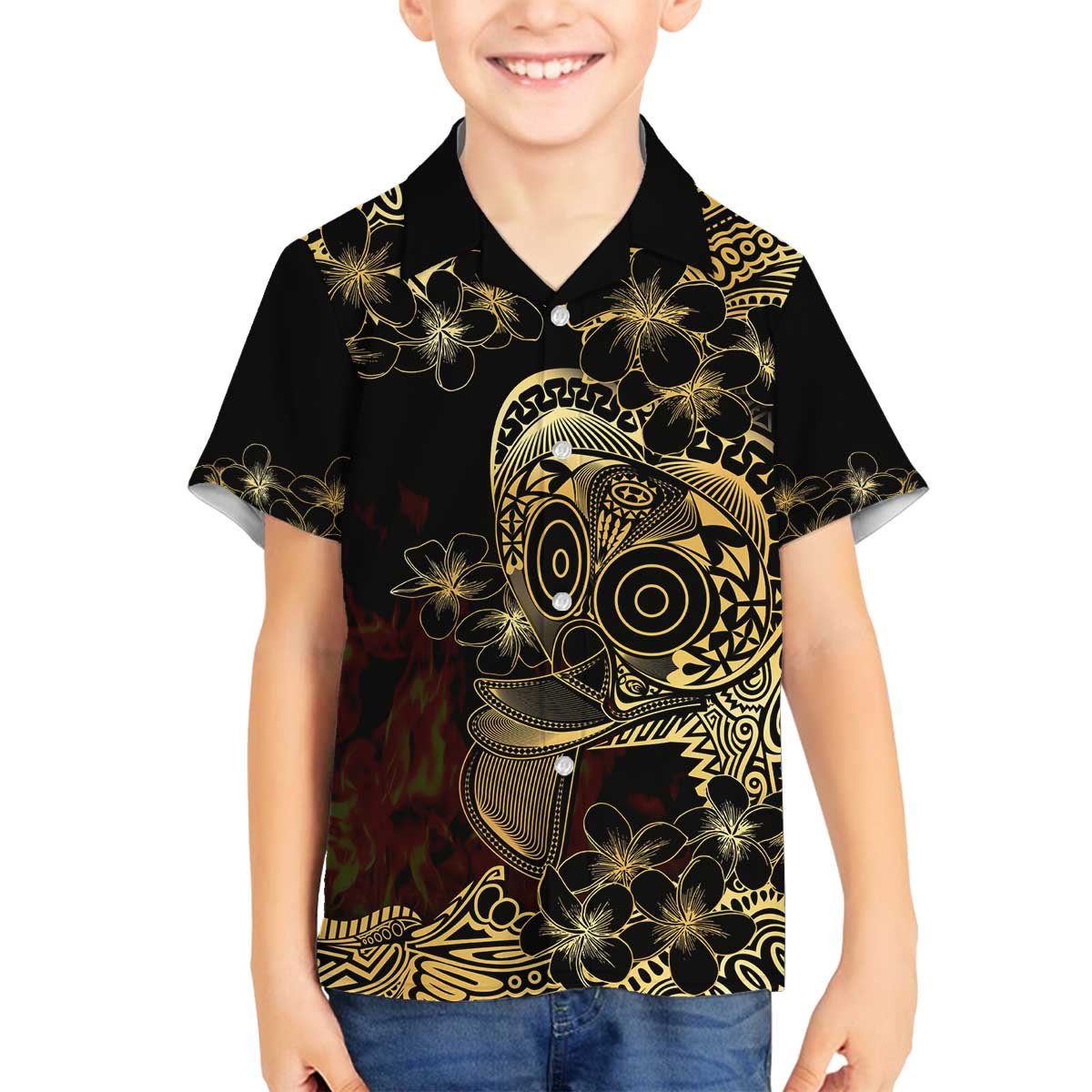 Frangipani Festival Rabaul Family Matching Off The Shoulder Long Sleeve Dress and Hawaiian Shirt PNG Tribal Baining Mask Tattoo LT14 Son's Shirt Black - Polynesian Pride