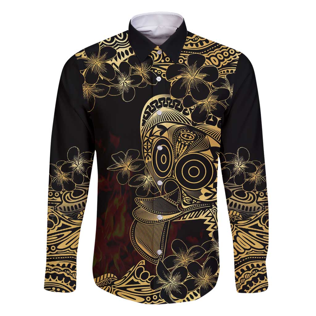 Frangipani Festival Rabaul Family Matching Off Shoulder Maxi Dress and Hawaiian Shirt PNG Tribal Baining Mask Tattoo LT14 Dad's Shirt - Long Sleeve Black - Polynesian Pride