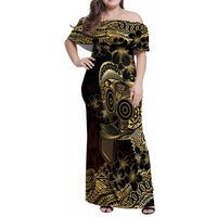 Frangipani Festival Rabaul Family Matching Off Shoulder Maxi Dress and Hawaiian Shirt PNG Tribal Baining Mask Tattoo LT14 Mom's Dress Black - Polynesian Pride