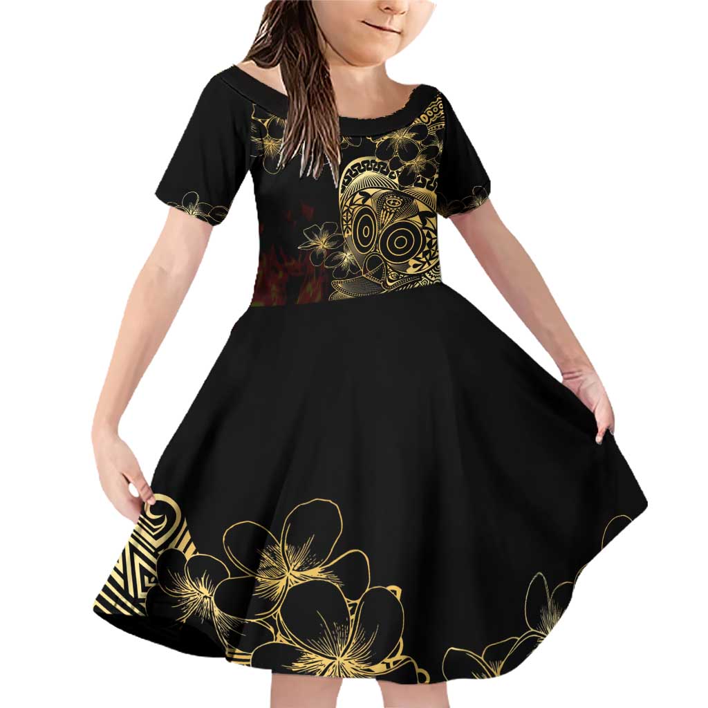 Frangipani Festival Rabaul Family Matching Off Shoulder Short Dress and Hawaiian Shirt PNG Tribal Baining Mask Tattoo LT14 Daughter's Dress Black - Polynesian Pride