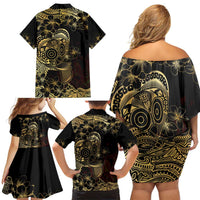 Frangipani Festival Rabaul Family Matching Off Shoulder Short Dress and Hawaiian Shirt PNG Tribal Baining Mask Tattoo LT14 - Polynesian Pride