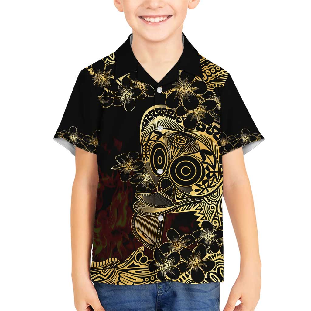 Frangipani Festival Rabaul Family Matching Off Shoulder Short Dress and Hawaiian Shirt PNG Tribal Baining Mask Tattoo LT14 Son's Shirt Black - Polynesian Pride
